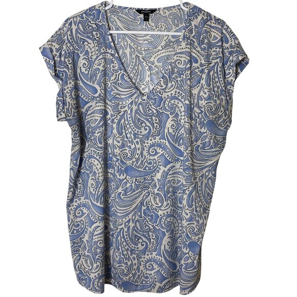 Express Blue Paisley Blouse XL V-Neck Short Sleeve Boho Top - Picture 1 of 7